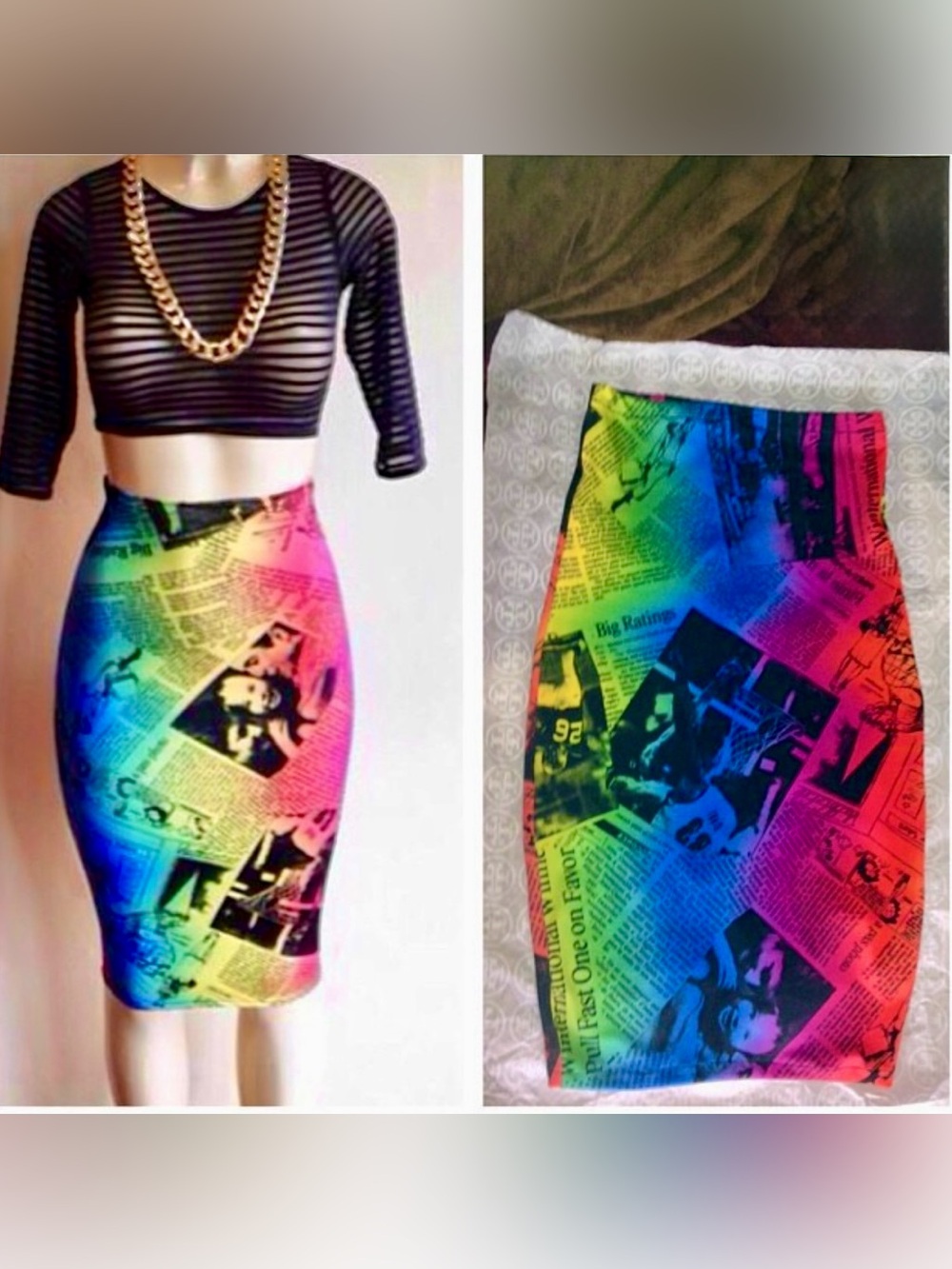 🌈 Rainbow Newspaper Print Pencil Skirt - size Small